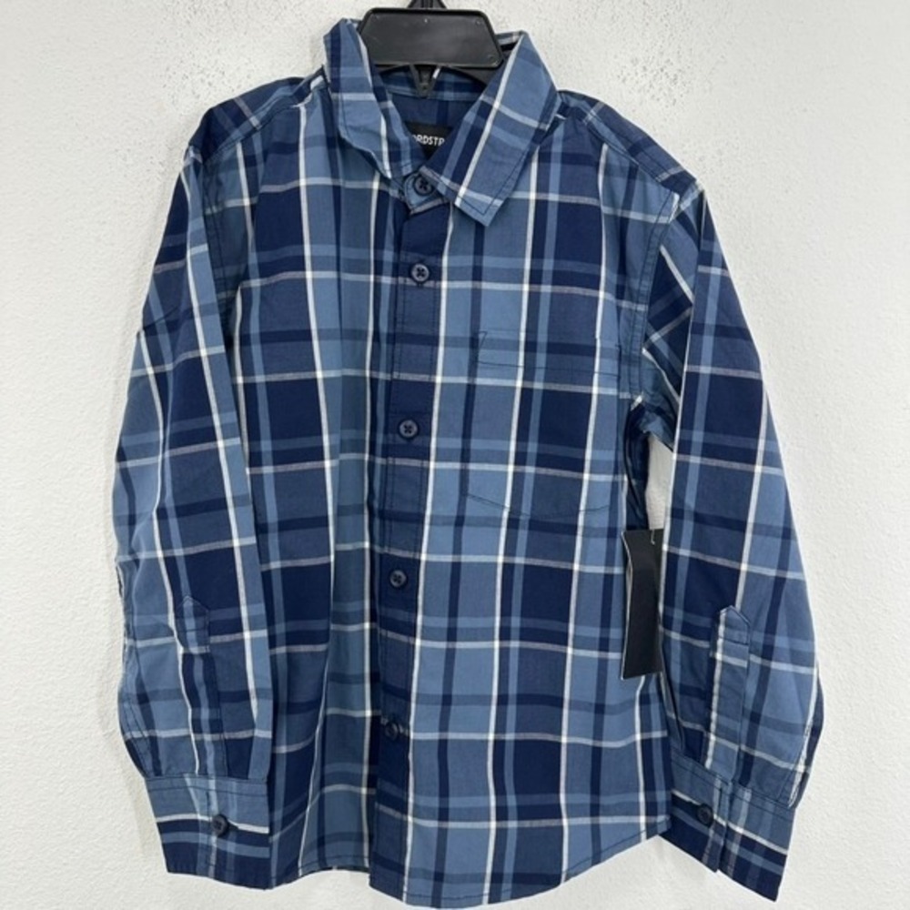 Nordstrom Boys Size 4‎ Button Down Shirt Blue Plaid Long Sleeve Cotton Holiday